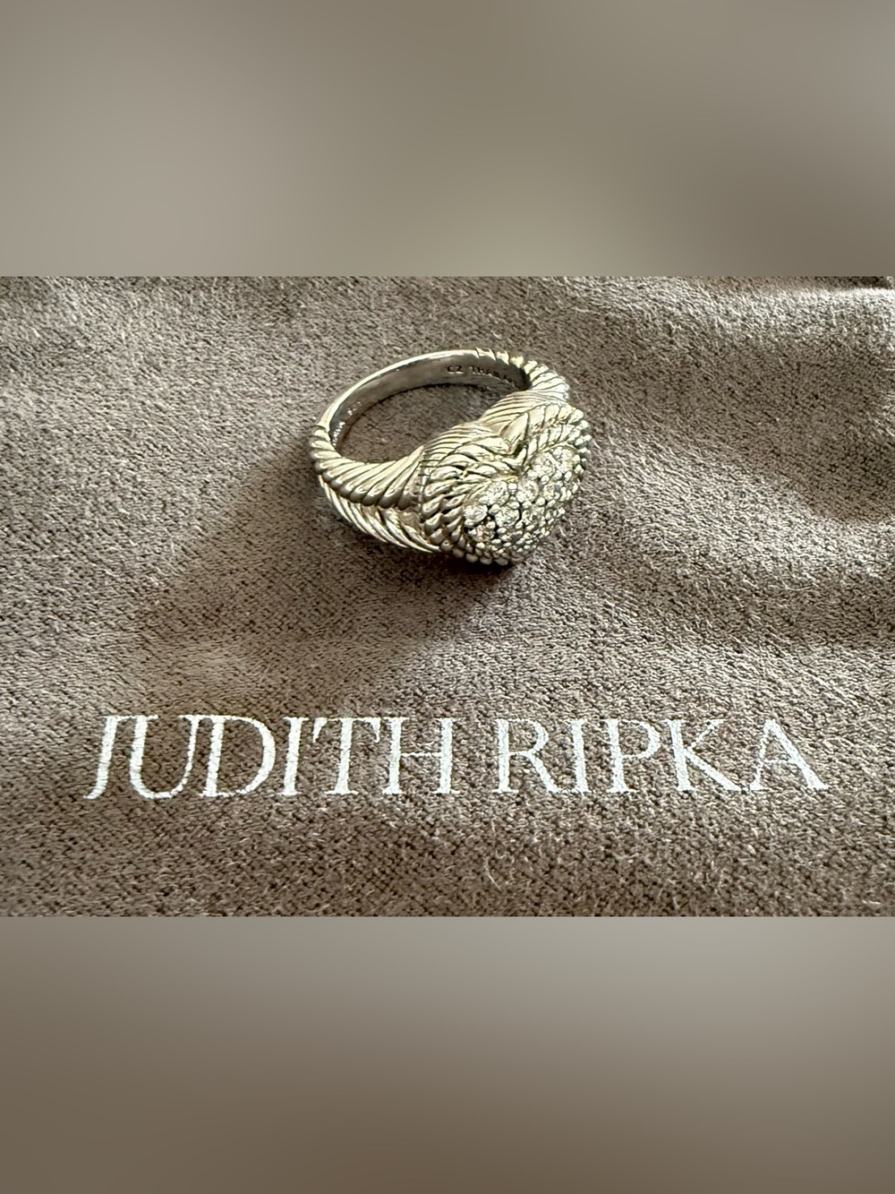 Judith Ripka Sterling Silver + Clear Crystal Braided Band Heart Ring Size 9